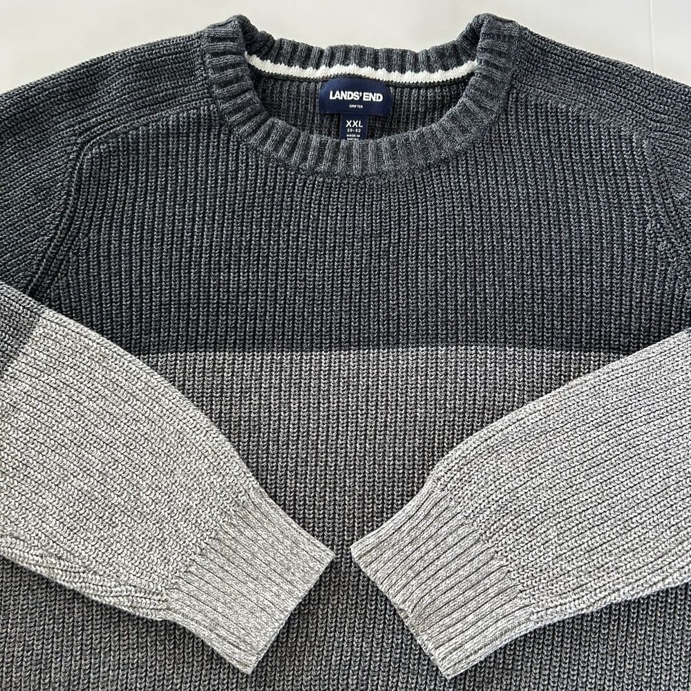 Lands End Drifter Mens Striped Crew Neck Cotton Knit Sweater XXL Chunky Gray